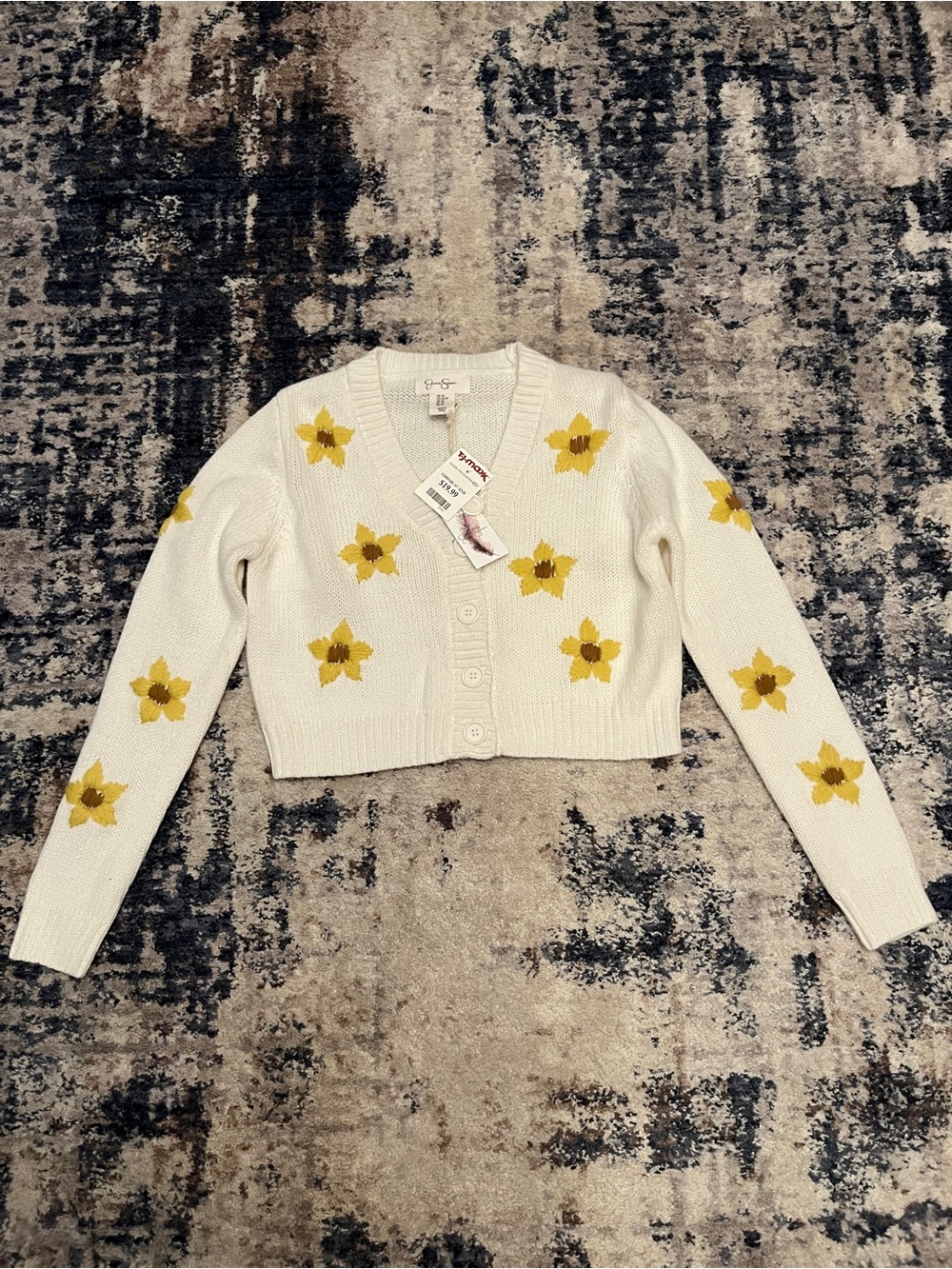 Jessica Simpson Cream Cropped Cardigan with Yellow Floral Knit